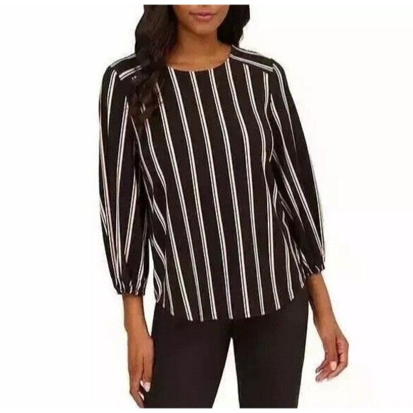 NWT Adrianna Papell Women's Black w/ Pink & White Stripes Blouse Size Large - Picture 1 of 2